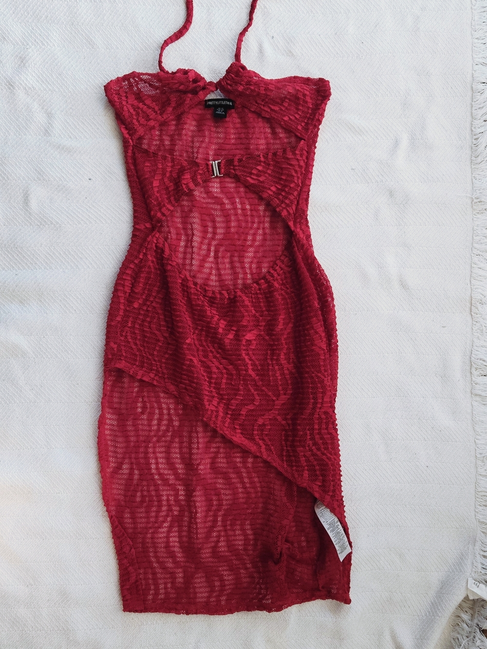 PrettyLittleThing Berry Red Sheer Cutout Halter Mini Dress